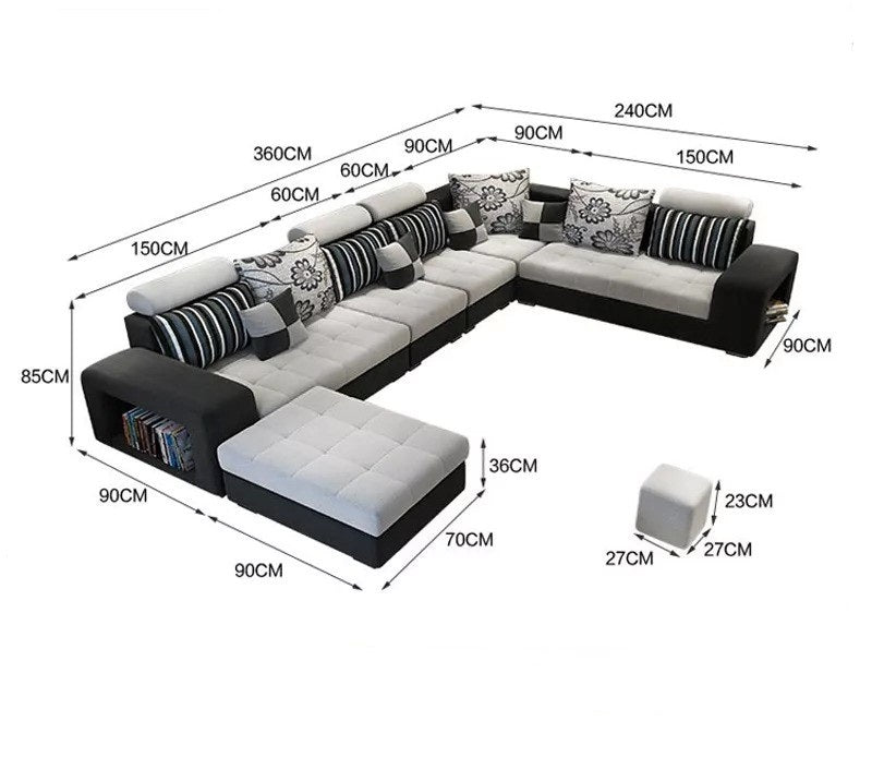 U-shaped sofa made of fabric and wood
