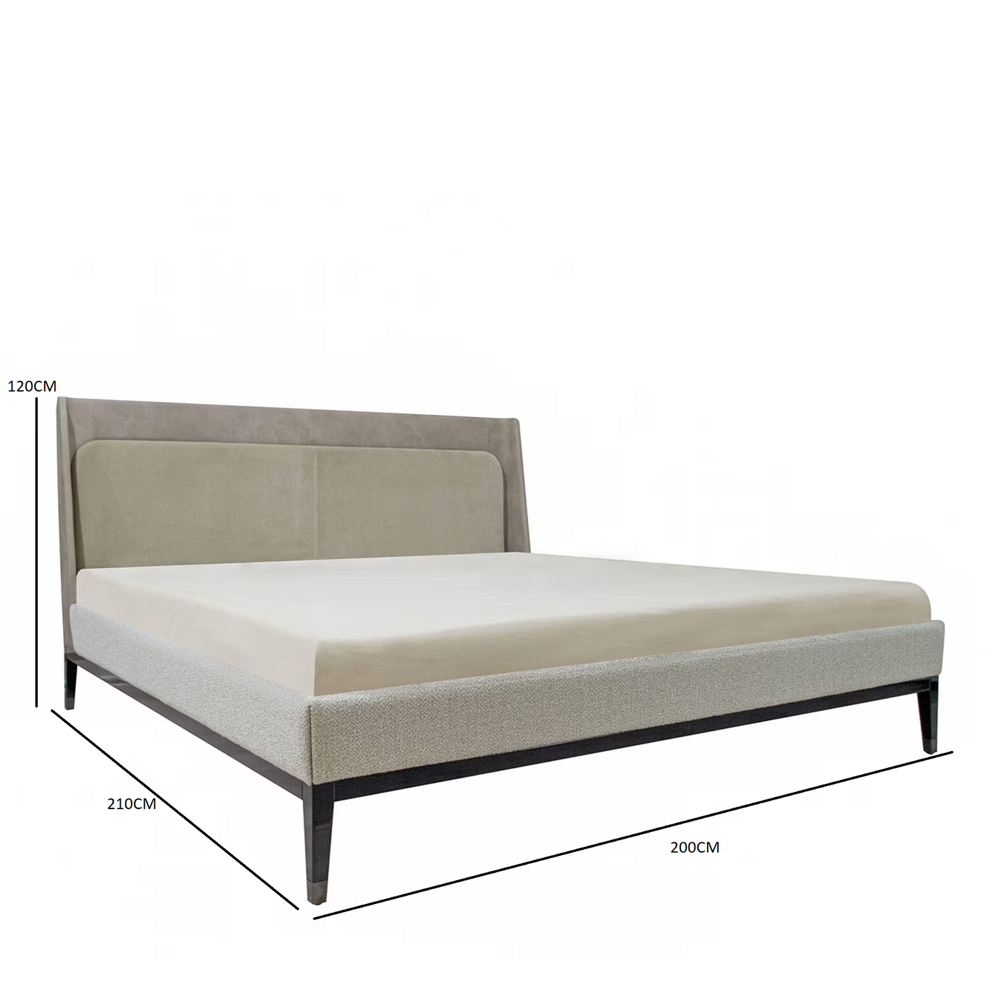 Italian bed upholstered in nubuck and quinoa boucle fabric