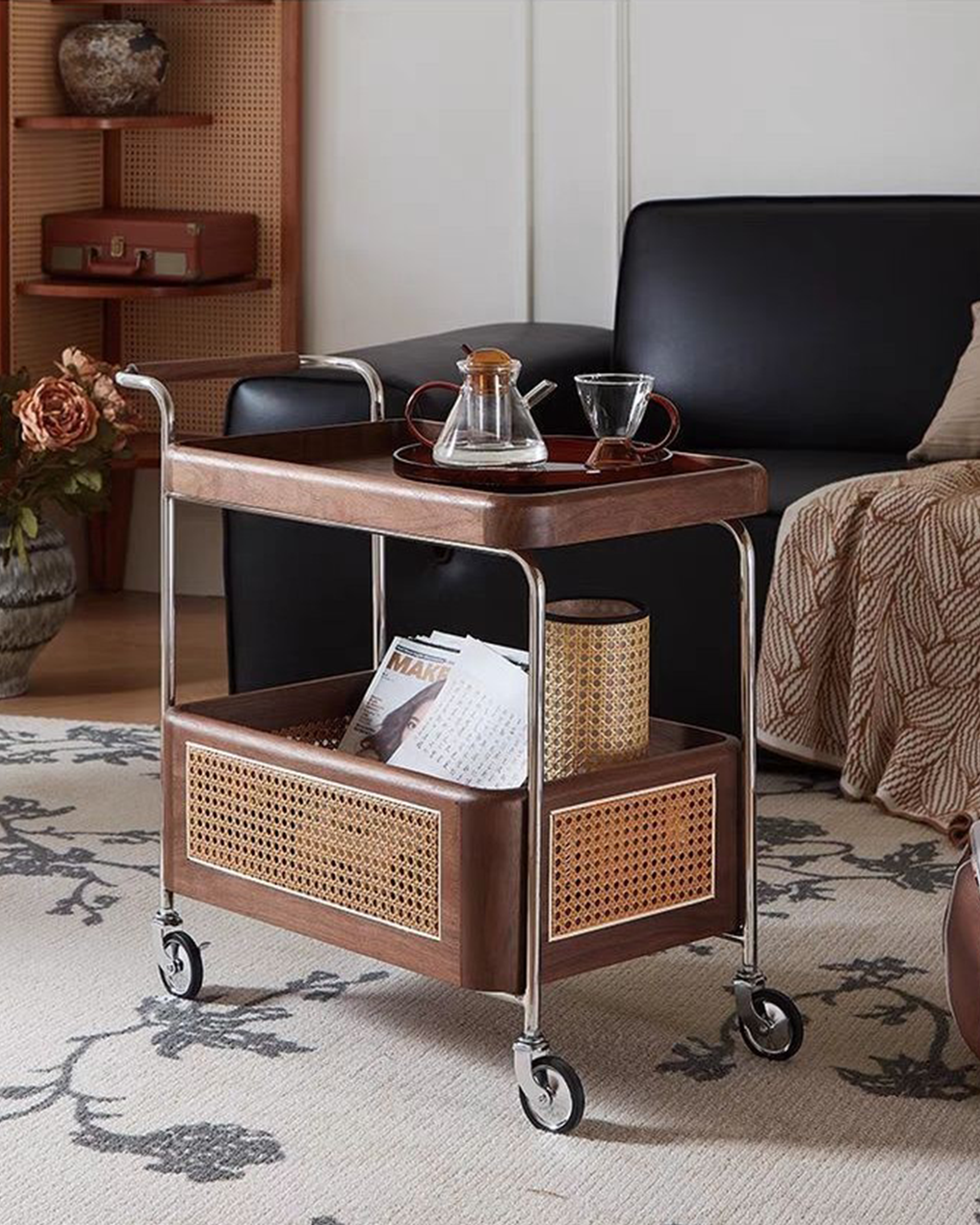 Walnut Rattan Trolley