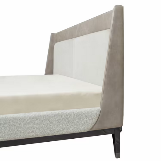 Italian bed upholstered in nubuck and quinoa boucle fabric