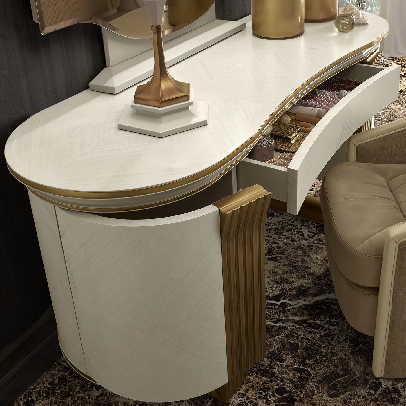 White and gold vanity desk