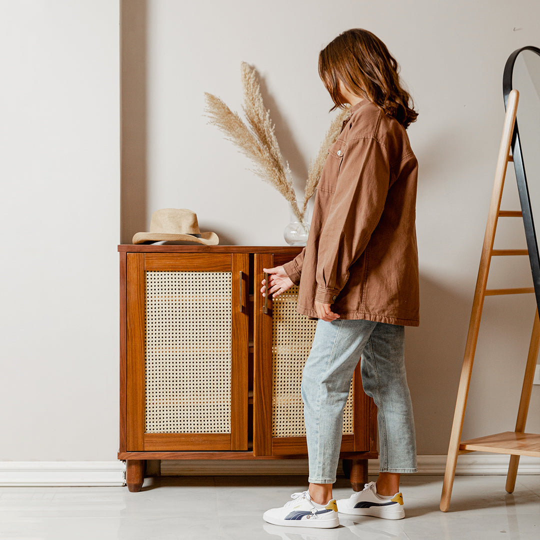 Rattan Walnut Shoe Storage