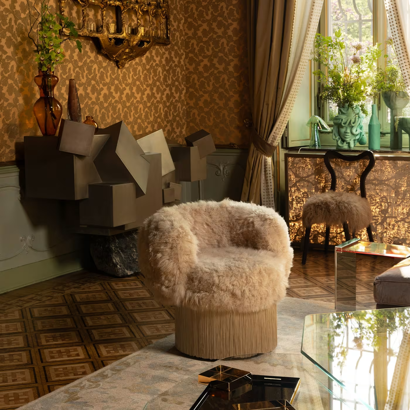 Cachemire fur pirouette swivel armchair
