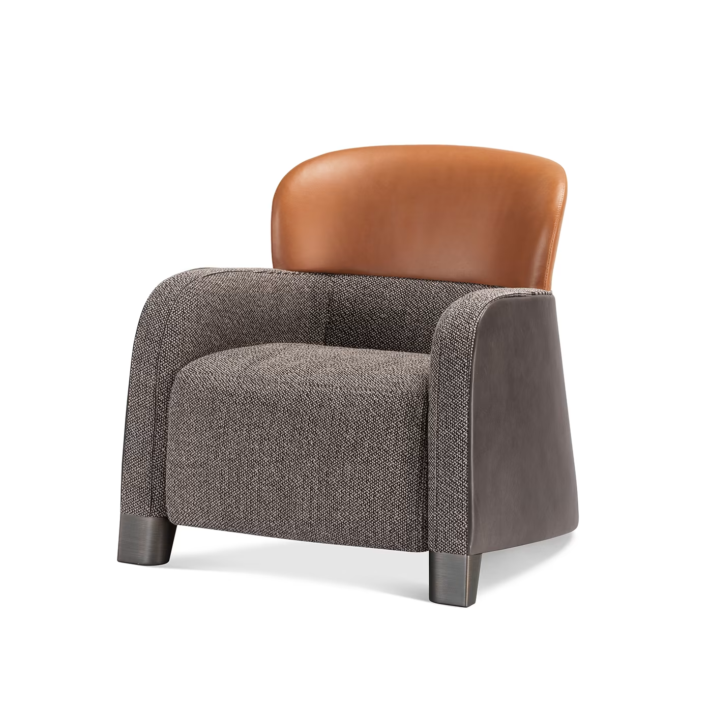 Bucket brown and gray armchair with low headrest