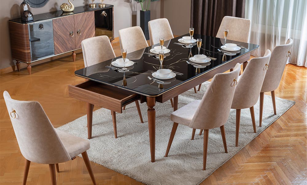 Black dining room with chairs