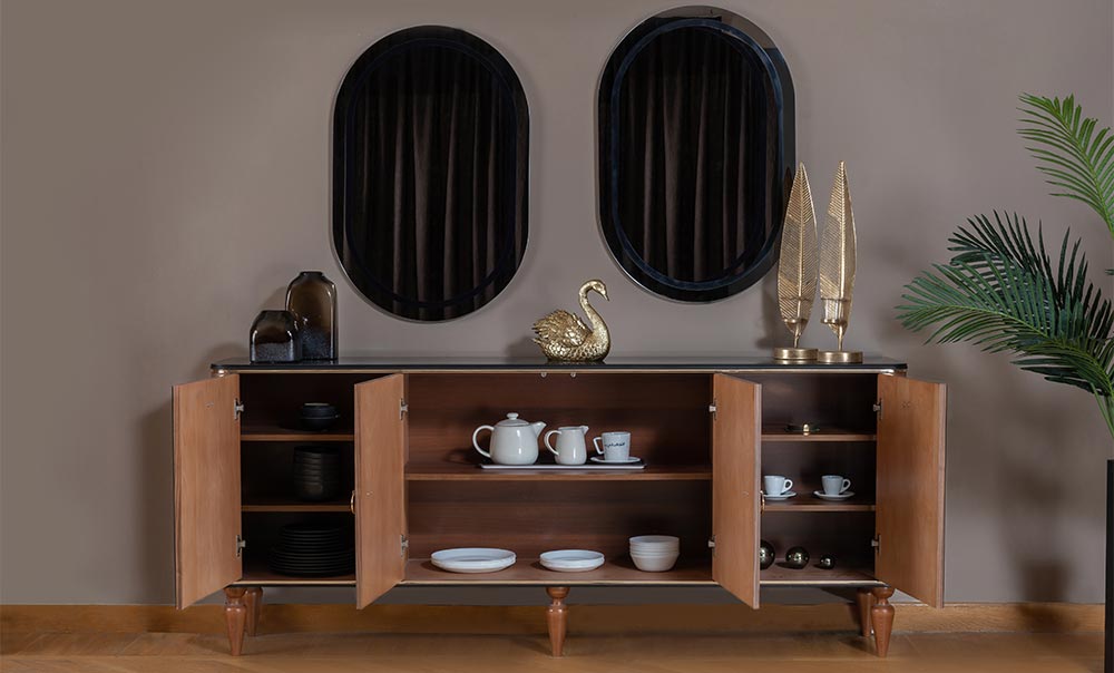 Black dining room with chairs