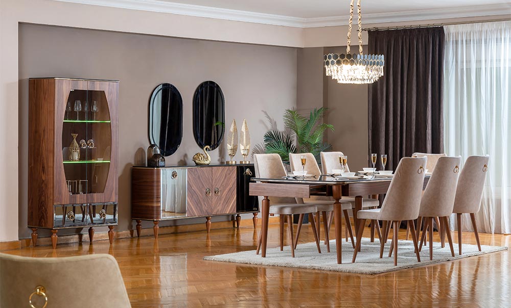 Black dining room with chairs