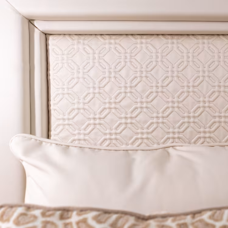 White leather and golden bronze double canopy bed