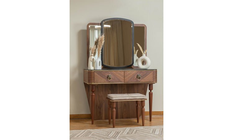 New black dresser with pouf chair