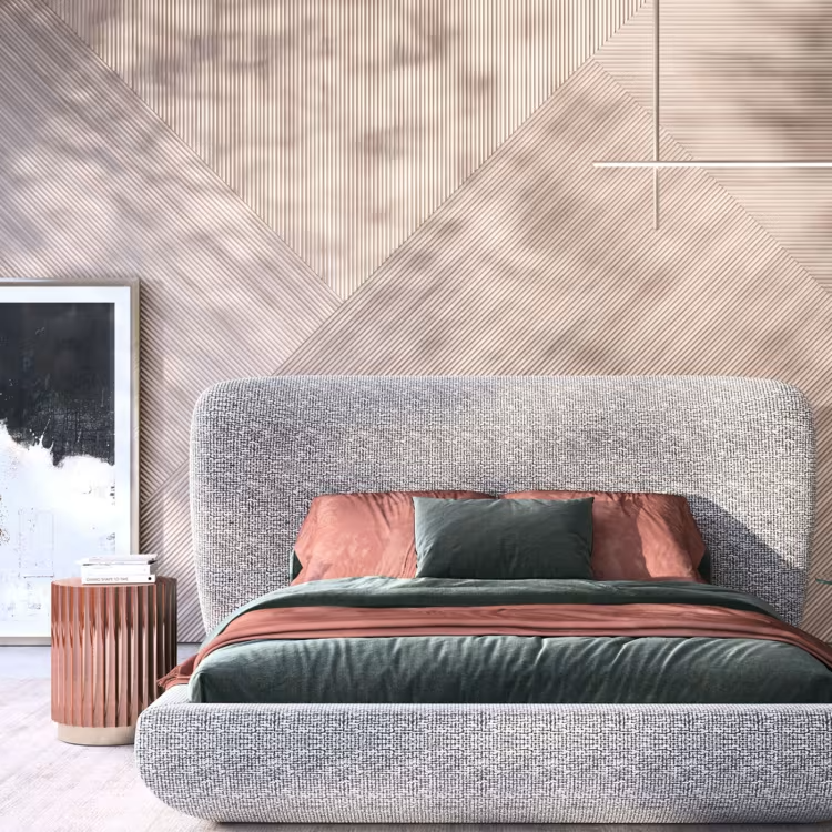 Cottonflower bed fully upholstered in torri lana quinoa boucle