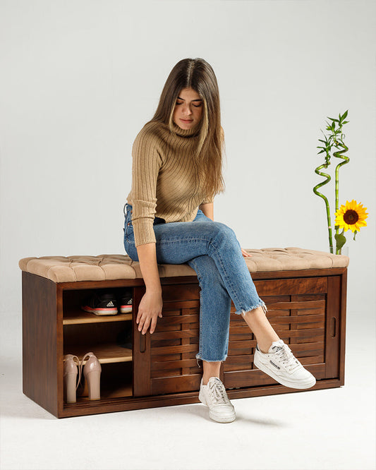 Walnut Sliding Shoe Storage Bench