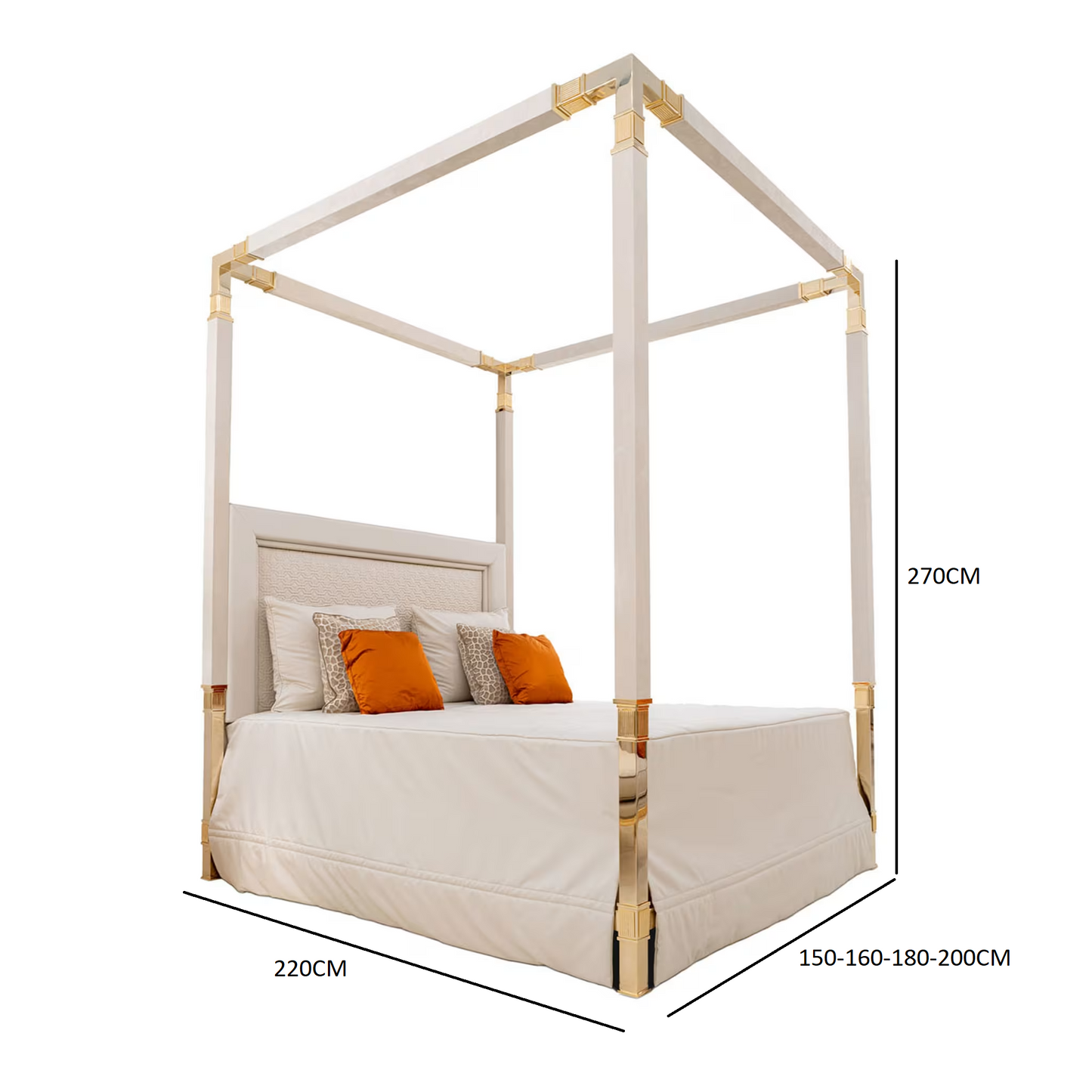 White leather and golden bronze double canopy bed