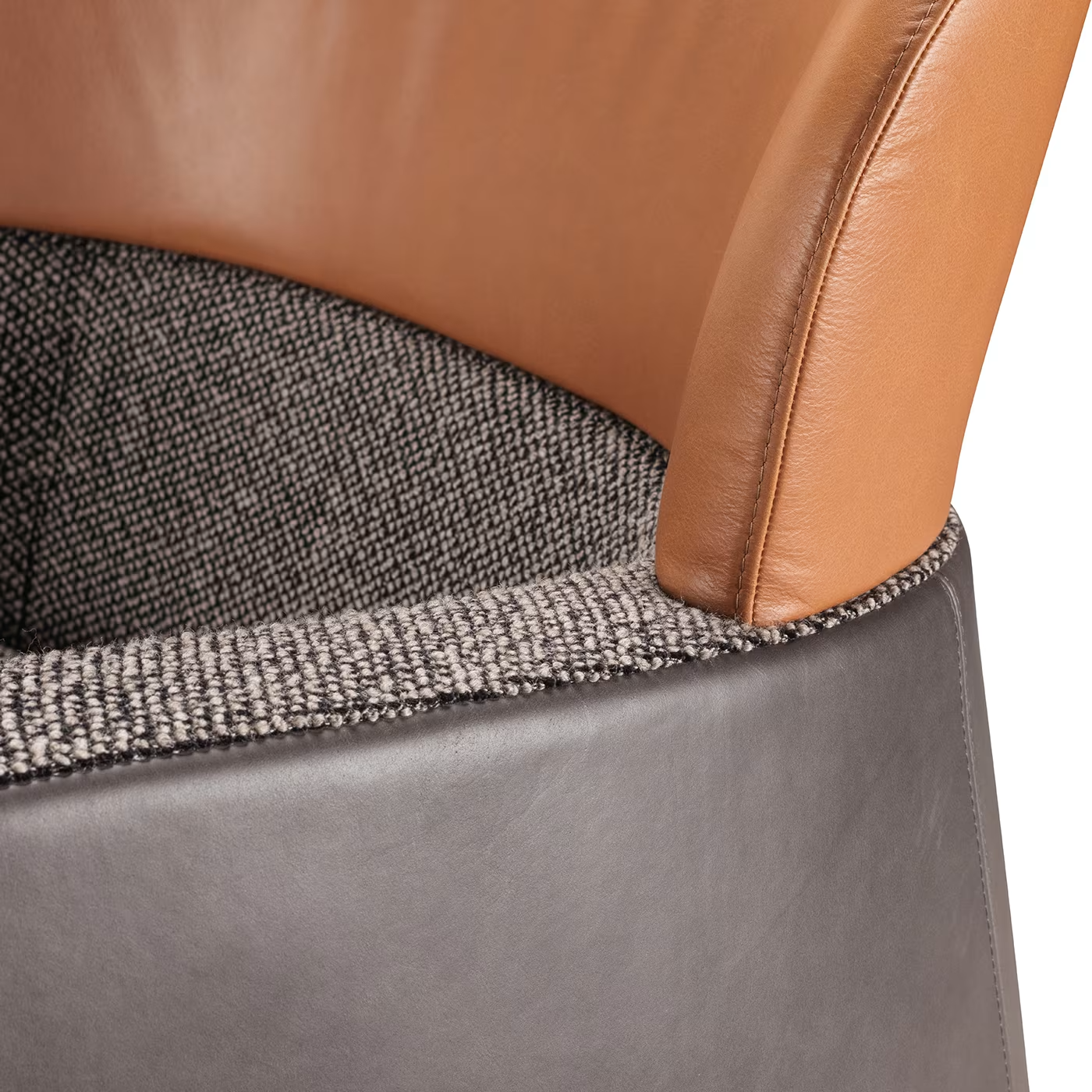 Bucket brown and gray armchair with low headrest